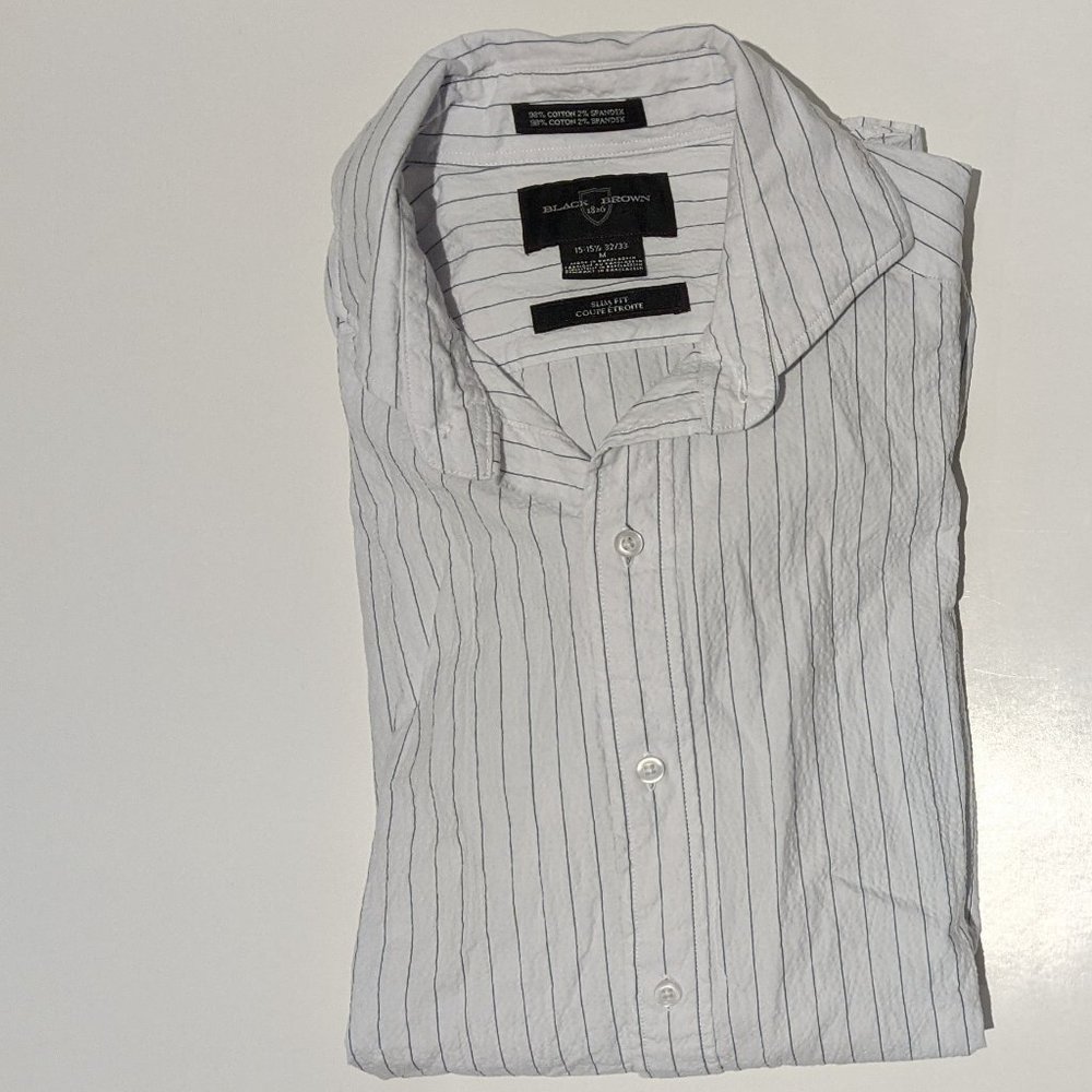 Black Brown Men's White Grey Stripe Long Sleeves Shirt Medium 15-15.5 32…
